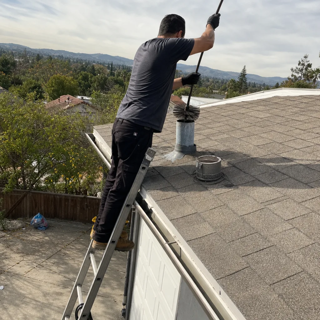 Professional technician performing dryer vent cleaning on a residential roof