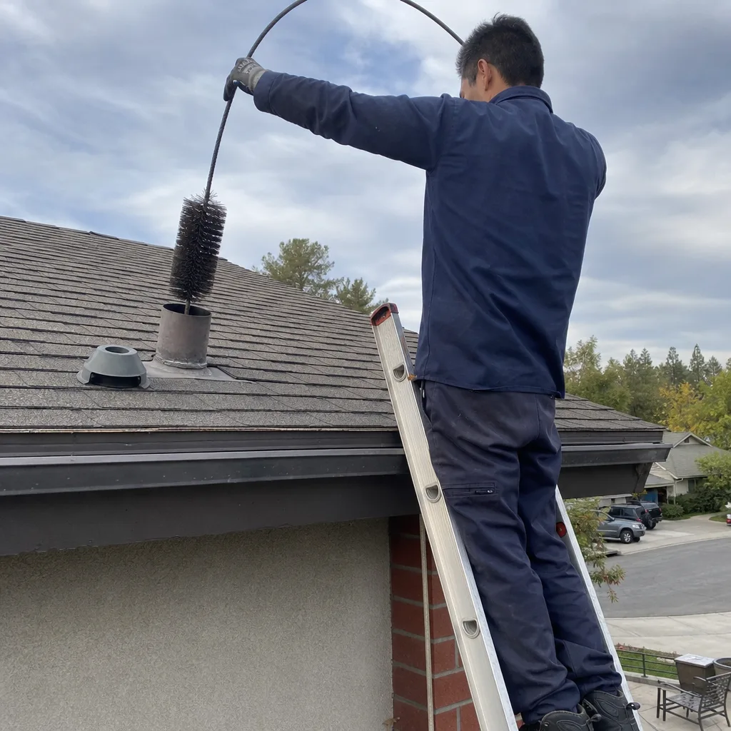Technician performing professional dryer vent cleaning from the roof