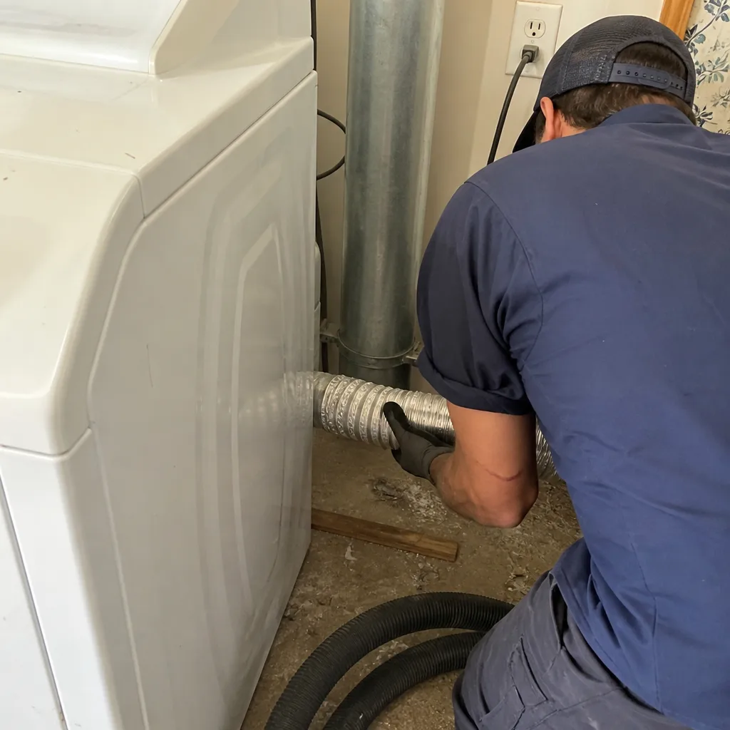 Technician performing professional dryer vent cleaning service