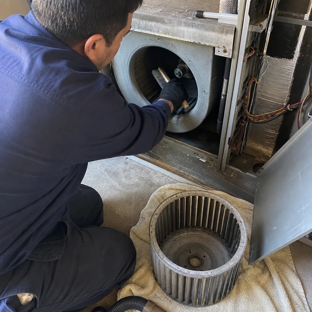 HVAC technician cleaning the blower assembly of a home furnace system.